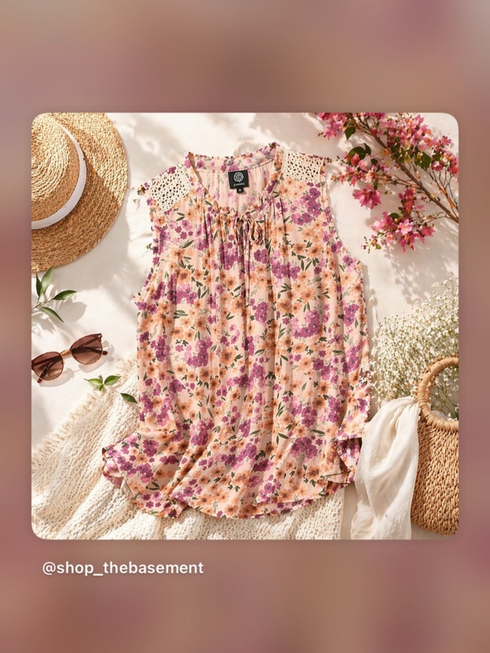 Bonsai Ruffle Floral Sleeveless Tie-Neck Blouse - Pink/Cream Size 3X NWT